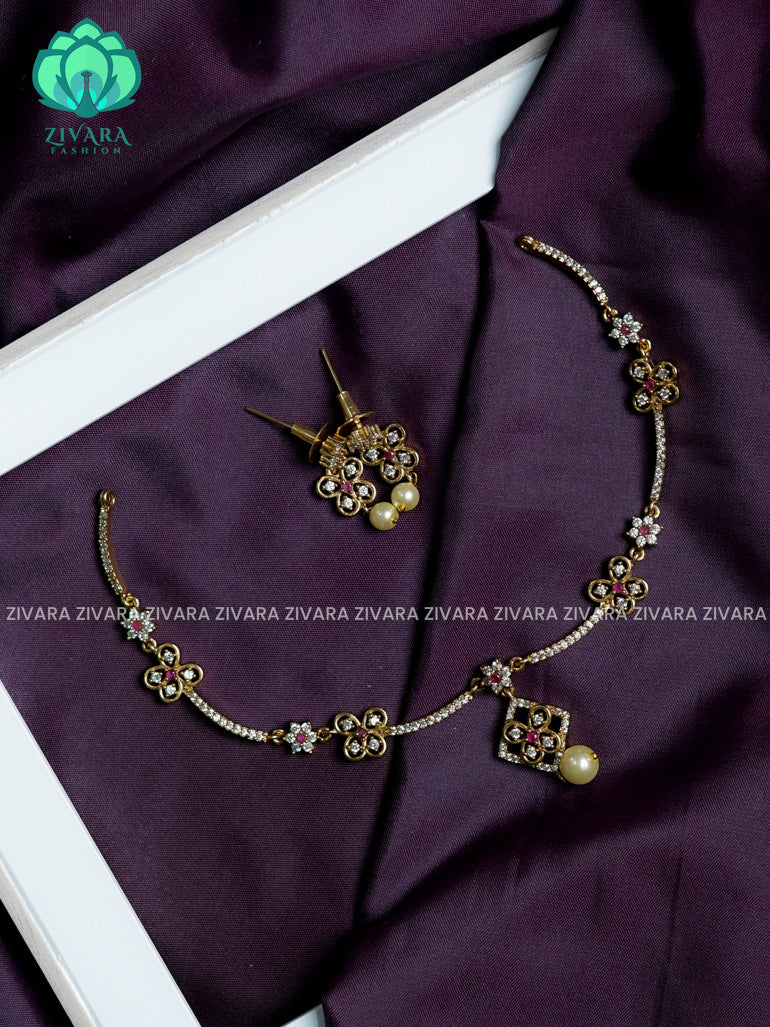 Ruby and white stone - stylish and minimal elegant neckwear with earrings- Zivara Fashion