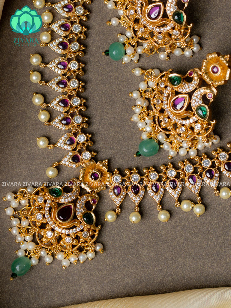 Double peacock pendant real kemp  -Traditional south indian premium neckwear with earrings- Zivara Fashion- latest jewellery design.