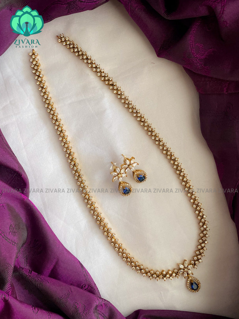 BLUE stone - Motif free- Elegant and stylish gold polish long haaram/neckwear with earrings- Zivara Fashion