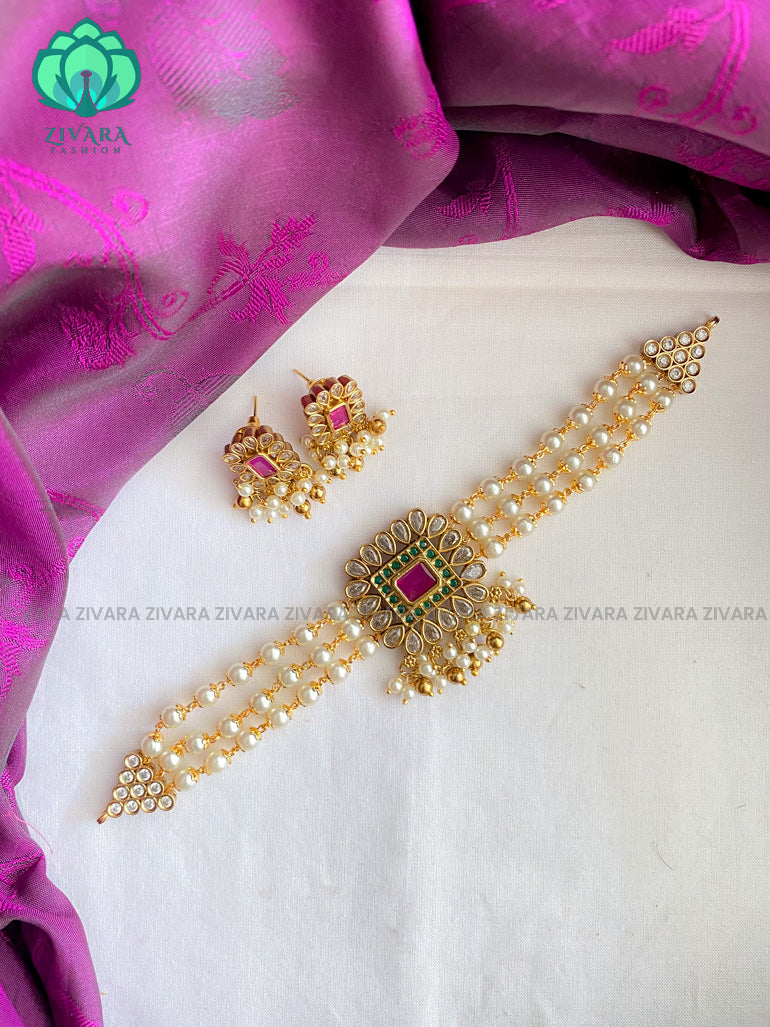 Hotselling motif free pearl choker with earrings - CZ matte finish- Zivara Fashion-