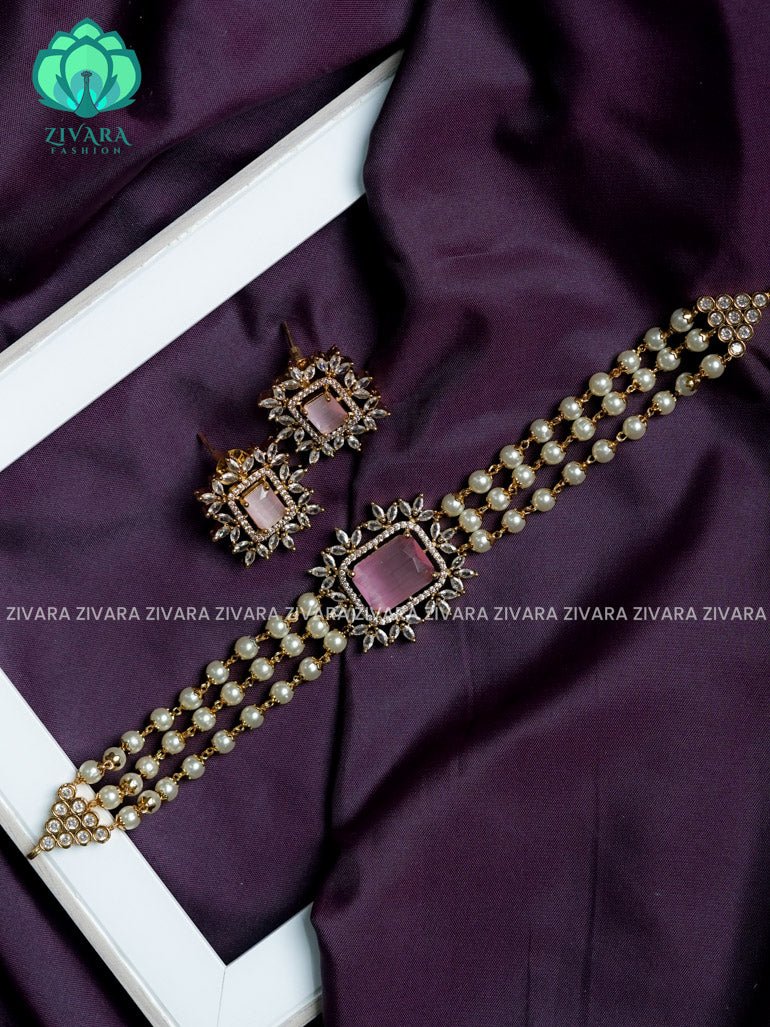 PASTEL PINK- RECTANGLE pendant pearl choker -TRADITIONAL CHOKER COLLECTION WITH EARRINGS- LATEST JEWELLERY COLLECTION