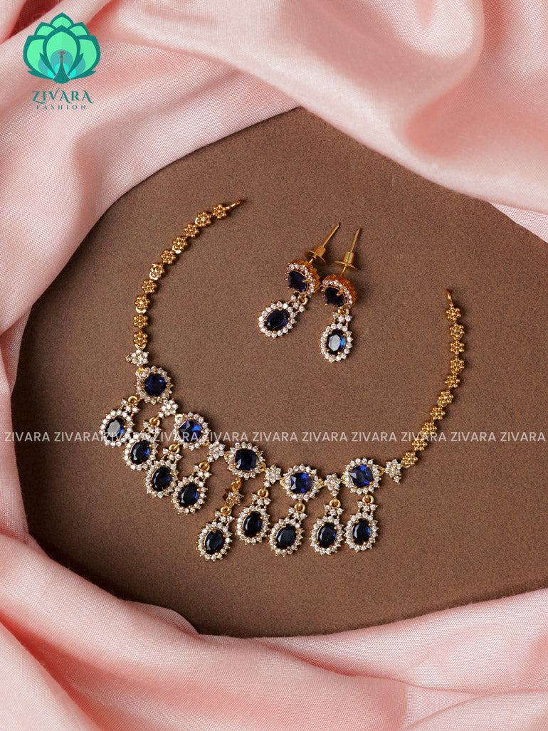 Blue -colourful stone dangler -TRADITIONAL CHOKER COLLECTION WITH EARRINGS- LATEST JEWELLERY COLLECTION