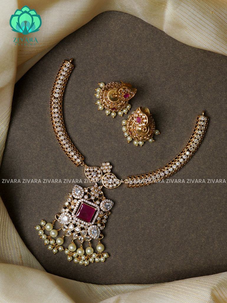 RUBY stone hasli -Traditional south indian premium neckwear with earrings- Zivara Fashion- latest jewellery design.