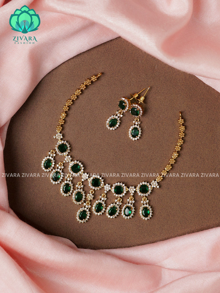 Green -colourful stone dangler -TRADITIONAL CHOKER COLLECTION WITH EARRINGS- LATEST JEWELLERY COLLECTION
