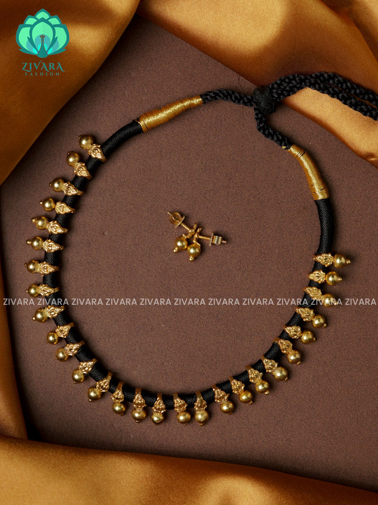 Black thread and gold motif   -Traditional south indian premium neckwear with earrings- Zivara Fashion- latest jewellery design.