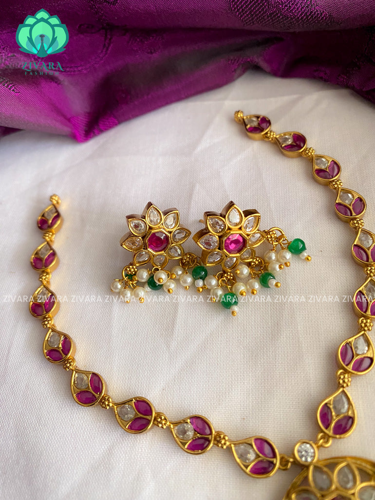 Bridal real kemp necklace with earrings CZ matte Finish- Zivara Fashion