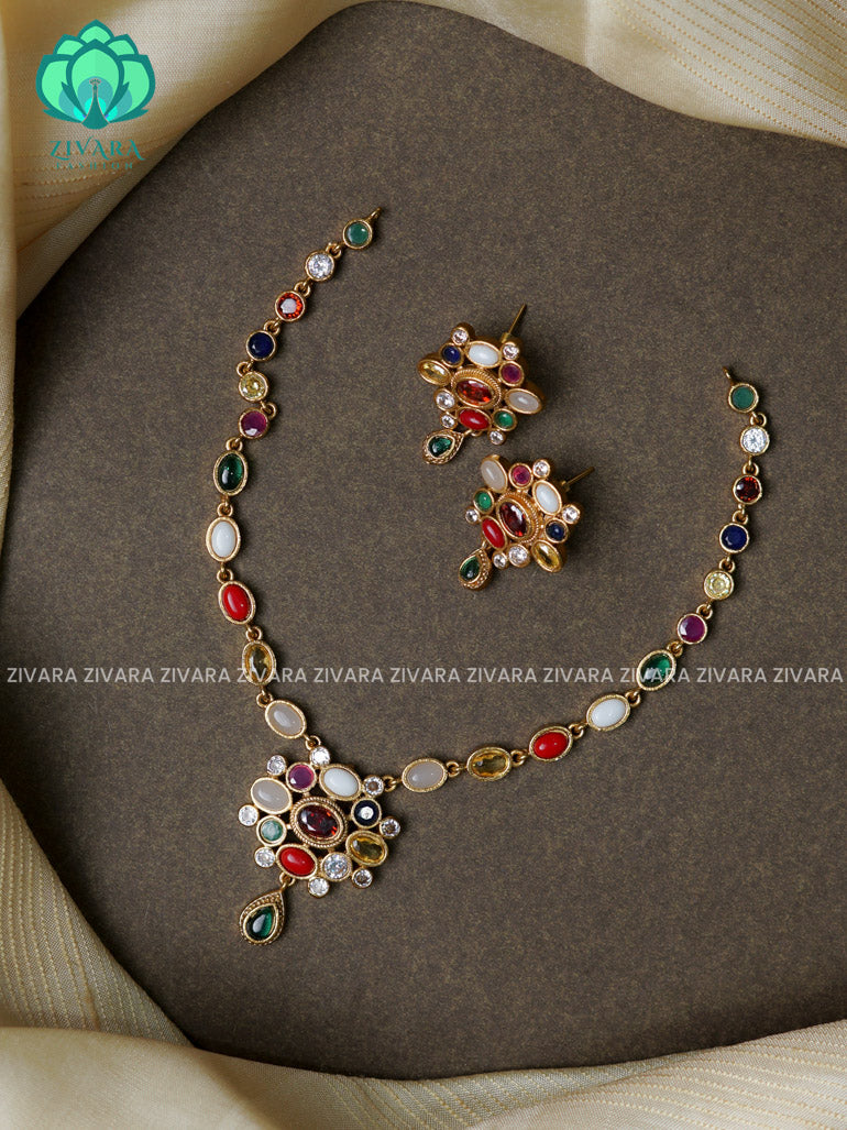 NAVARATNA PENDANT  -Traditional south indian premium neckwear with earrings- Zivara Fashion- latest jewellery design.