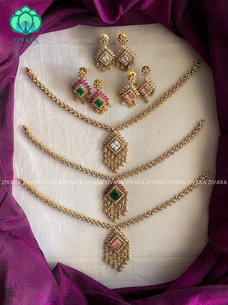 Amazing diamond look alike dangler pendant necklace with earrings CZ matte Finish- Zivara Fashion
