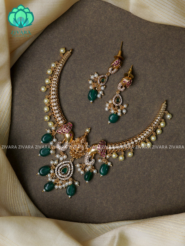 GREEN BEADS- TEMPLE ELEPHANT HASLI -Traditional south indian premium neckwear with earrings- Zivara Fashion- latest jewellery design.