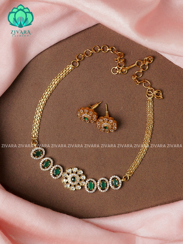 Green - Small kids friendly oval and flower motif  -TRADITIONAL CHOKER COLLECTION WITH EARRINGS- LATEST JEWELLERY COLLECTION