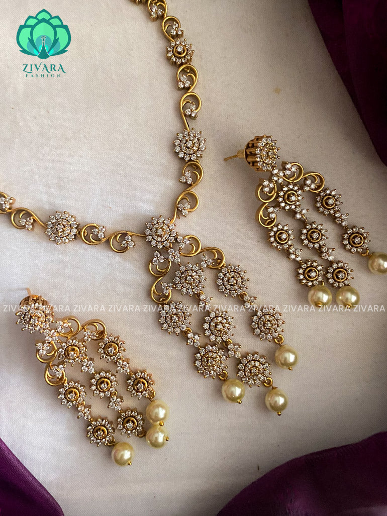 AD motif free stone  pendant necklace with  earrings - CZ Matte Finish- Zivara Fashion