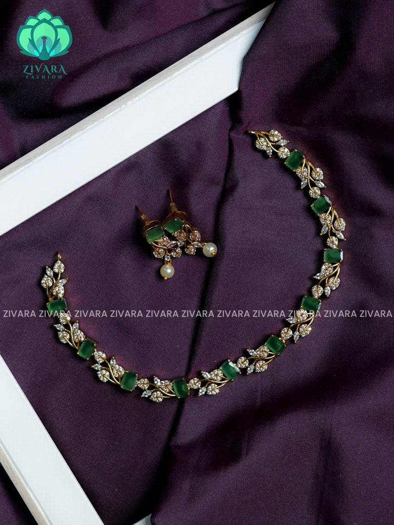 GREEN STONE LEAF- stylish and minimal elegant neckwear with earrings- Zivara Fashion
