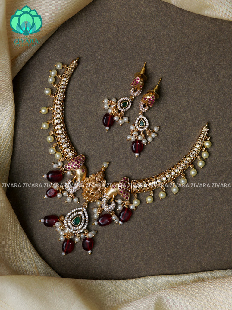 RUBY BEADS- TEMPLE ELEPHANT HASLI -Traditional south indian premium neckwear with earrings- Zivara Fashion- latest jewellery design.