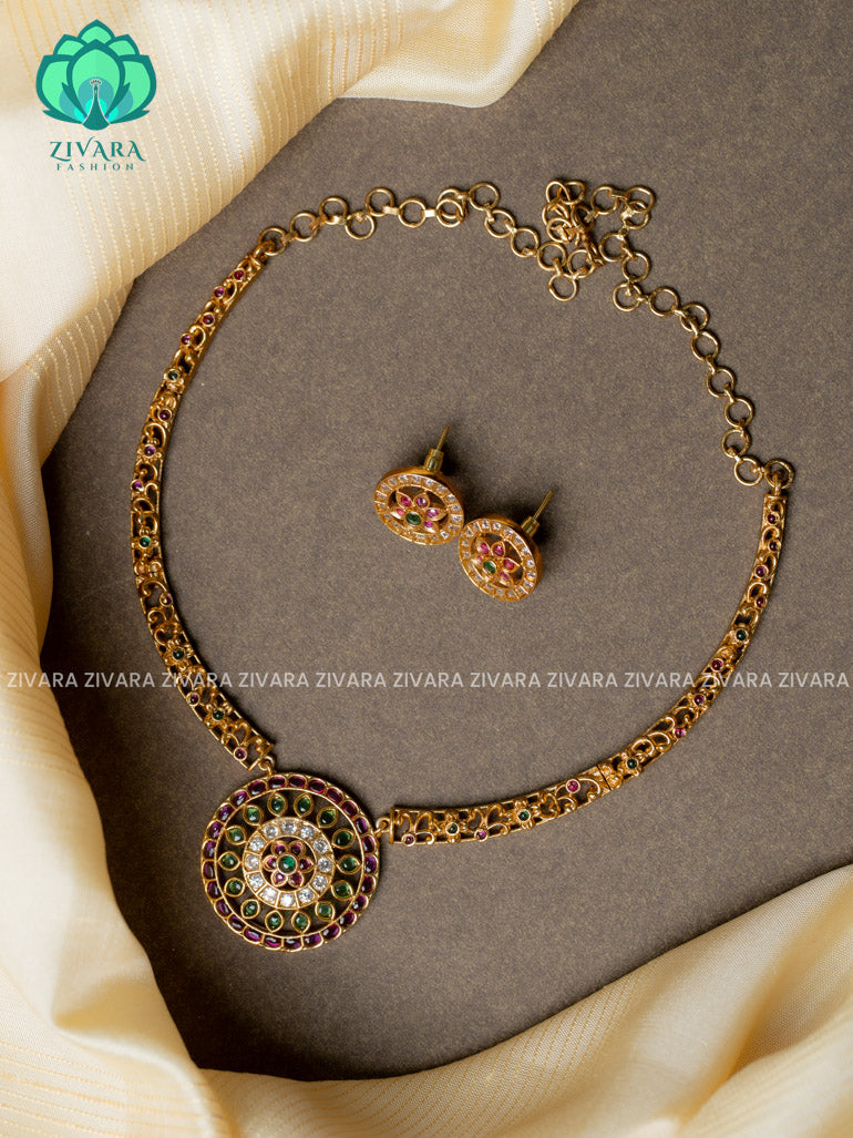 Round pendant hasli -Traditional south indian premium neckwear with earrings- Zivara Fashion- latest jewellery design.