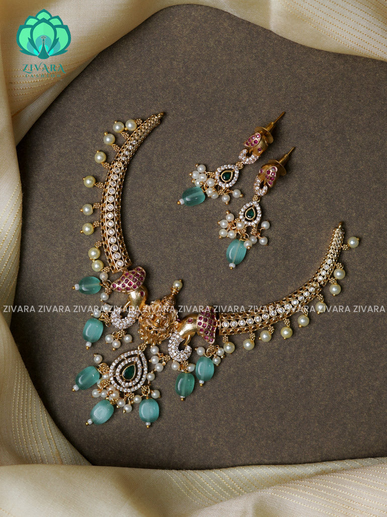 PASTEL GREEN BEADS- TEMPLE ELEPHANT HASLI -Traditional south indian premium neckwear with earrings- Zivara Fashion- latest jewellery design.
