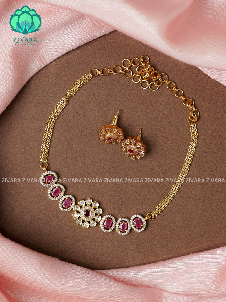 Ruby - Small kids friendly oval and flower motif  -TRADITIONAL CHOKER COLLECTION WITH EARRINGS- LATEST JEWELLERY COLLECTION
