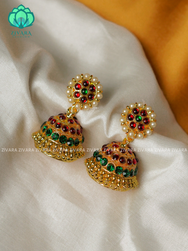 RED AND GREEN -BHANU - BIG SIZE- HANDMADE JHUMKAS - latest kemp dance jewellery collection