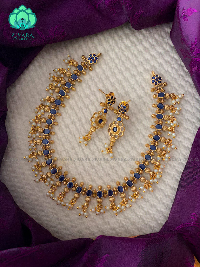 Hotselling guttapusalu motif free blue stone neckwear with earrings - latest jewellery designs- Zivara Fashion