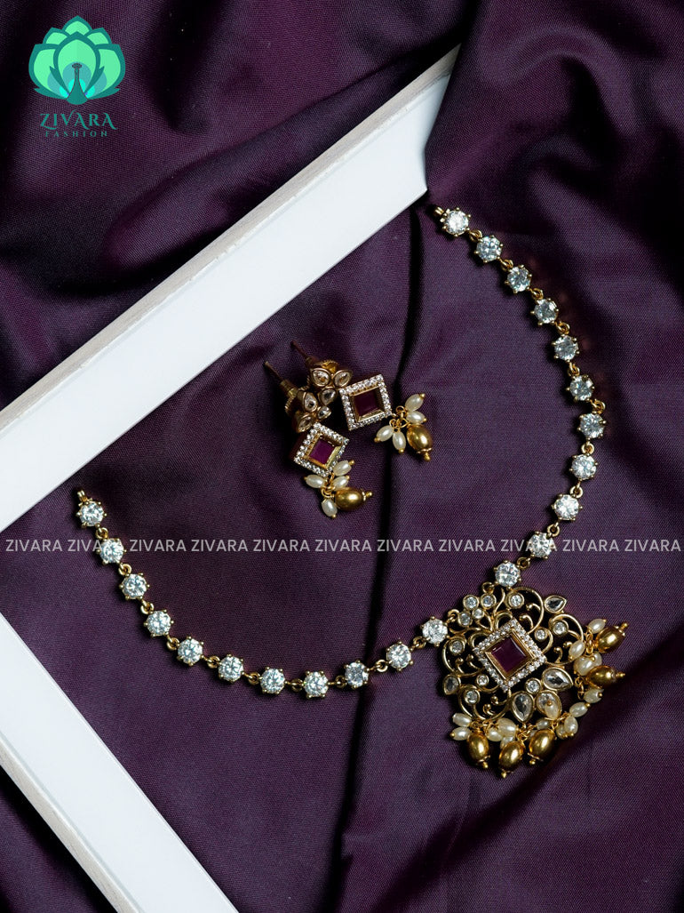 Stone chain and flower ruby pendant - stylish and minimal elegant neckwear with earrings- Zivara Fashion