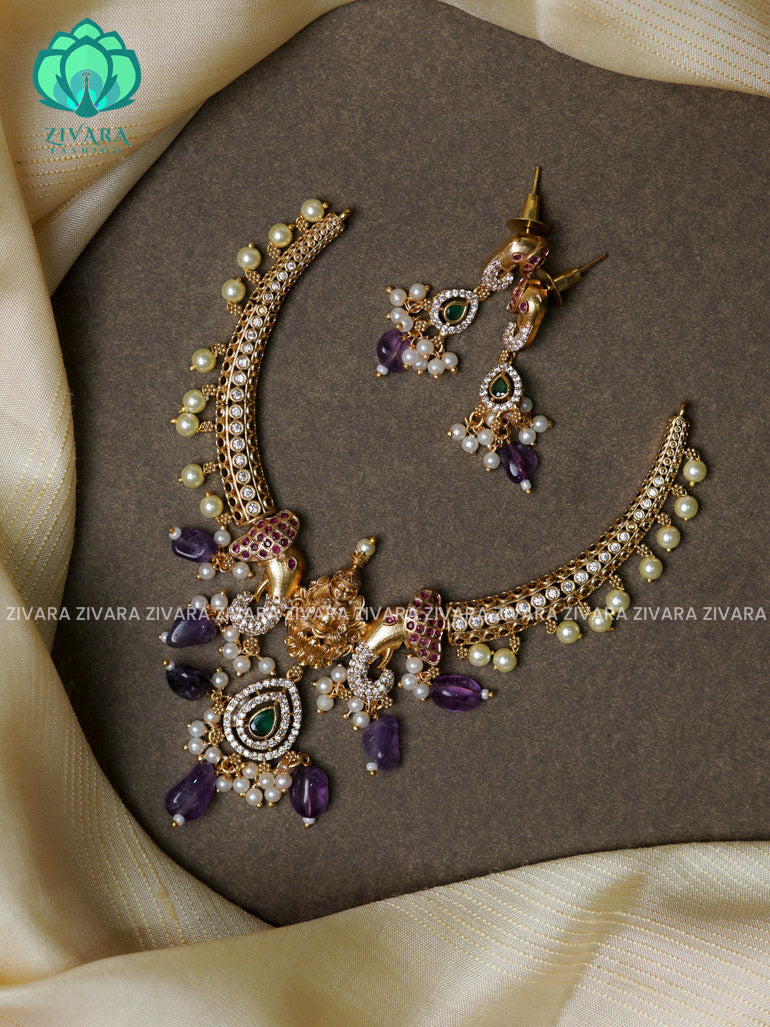 PURPLE - TEMPLE ELEPHANT HASLI -Traditional south indian premium neckwear with earrings- Zivara Fashion- latest jewellery design.