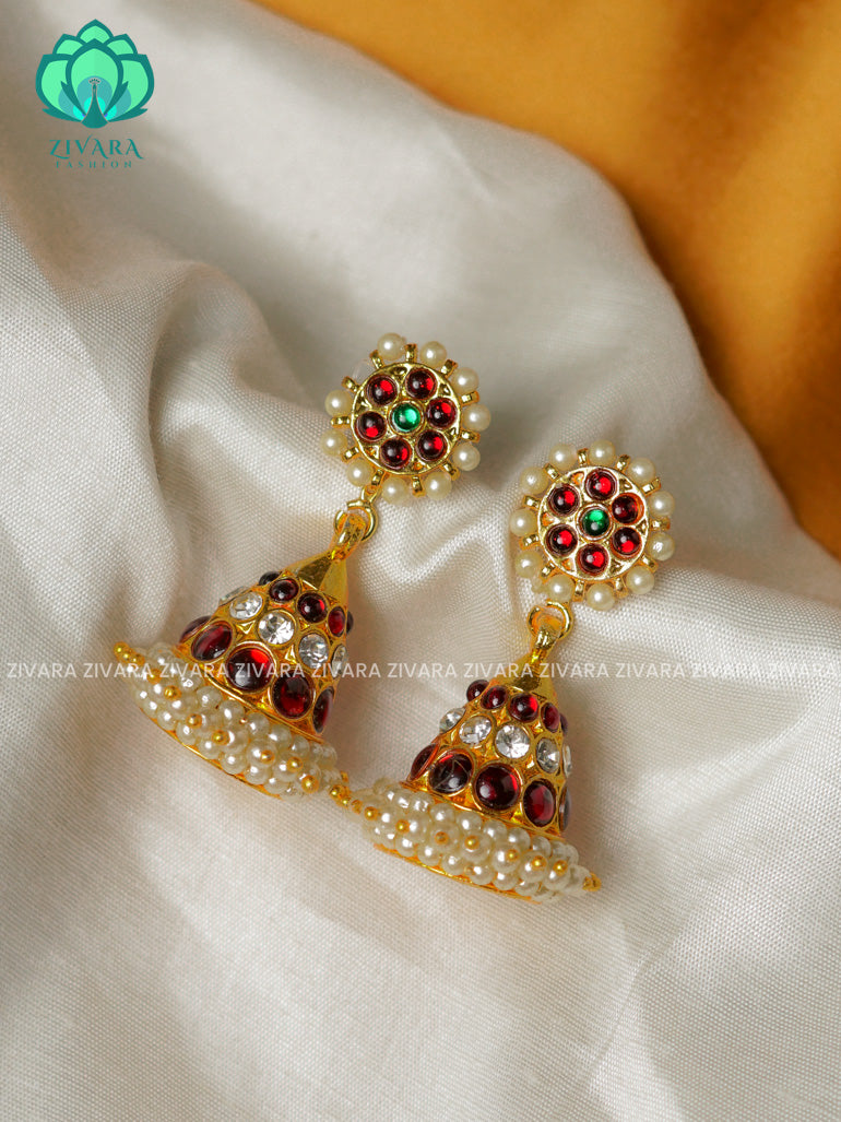 RED AND GREEN -BHANU - LONG - HANDMADE JHUMKAS - latest kemp dance jewellery collection