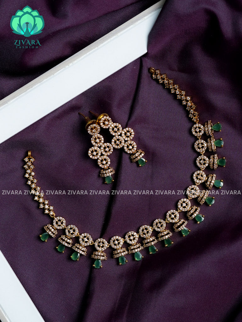 Half jhumki green stone - stylish and minimal elegant neckwear with earrings- Zivara Fashion
