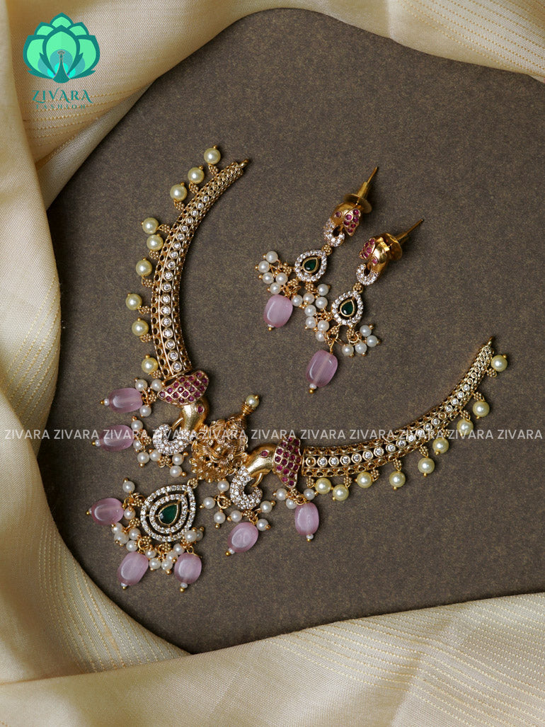 PASTEL PINK BEADS- TEMPLE ELEPHANT HASLI -Traditional south indian premium neckwear with earrings- Zivara Fashion- latest jewellery design.