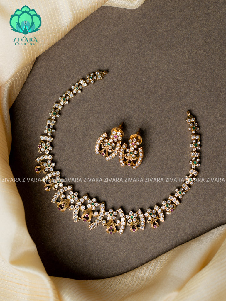 Floral white stone - stylish and minimal elegant neckwear with earrings- Zivara Fashion