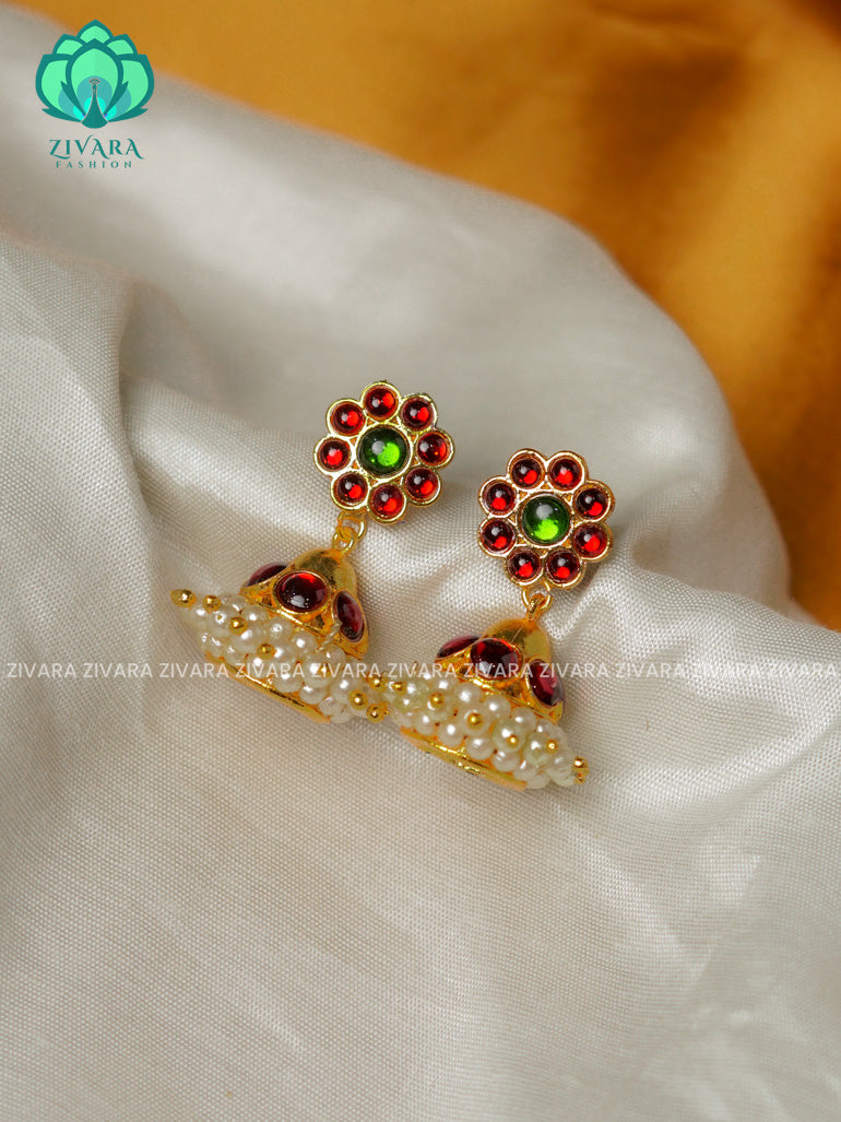 RED AND GREEN   -TRADITIONAL KEMP SINGLE LINE STONE JHUMKA - latest kemp dance jewellery collection