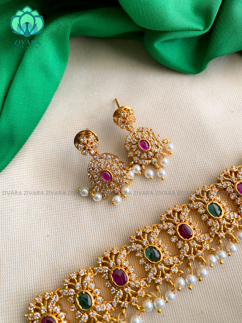 Hotselling motif free choker with earrings - CZ matte finish- Zivara Fashion-ruby and green green stone