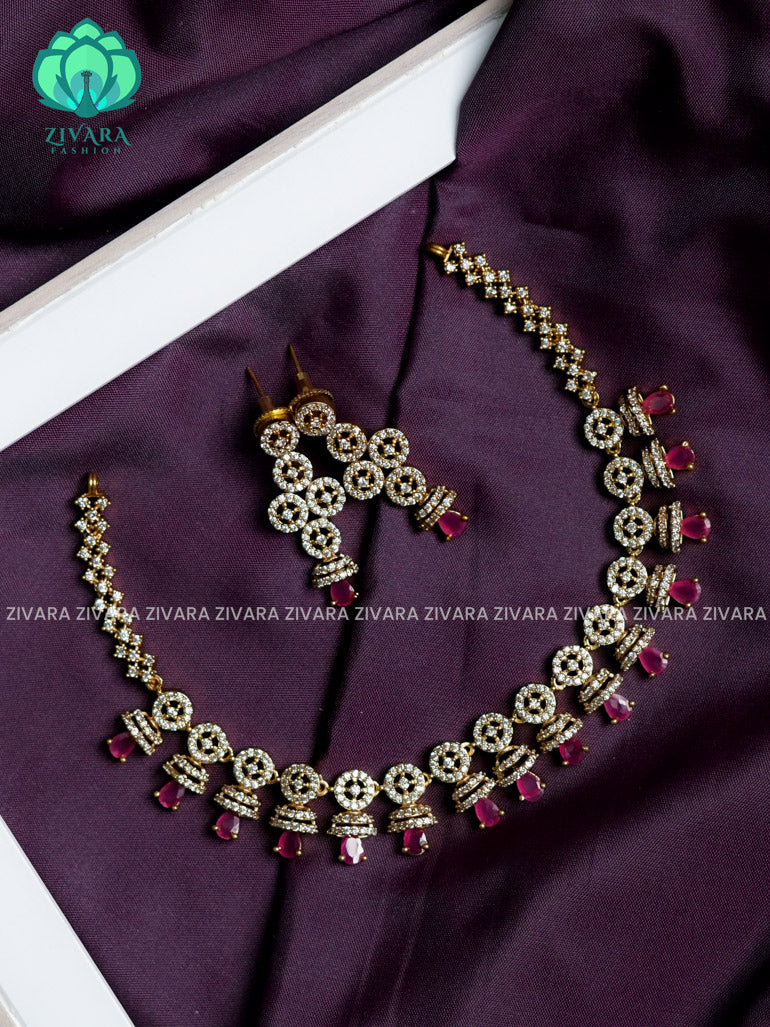 Half jhumki ruby stone - stylish and minimal elegant neckwear with earrings- Zivara Fashion
