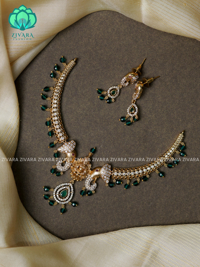 TINY GREEN BEADS - TEMPLE ELEPHANT HASLI -Traditional south indian premium neckwear with earrings- Zivara Fashion- latest jewellery design.