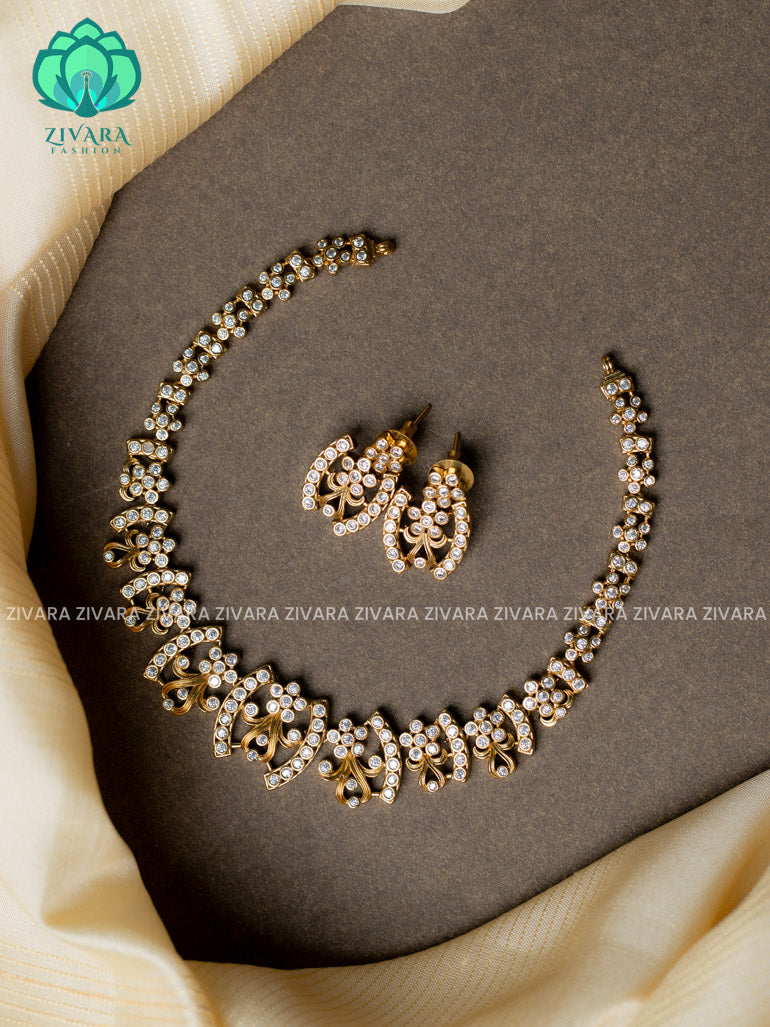 Floral white stone - stylish and minimal elegant neckwear with earrings- Zivara Fashion