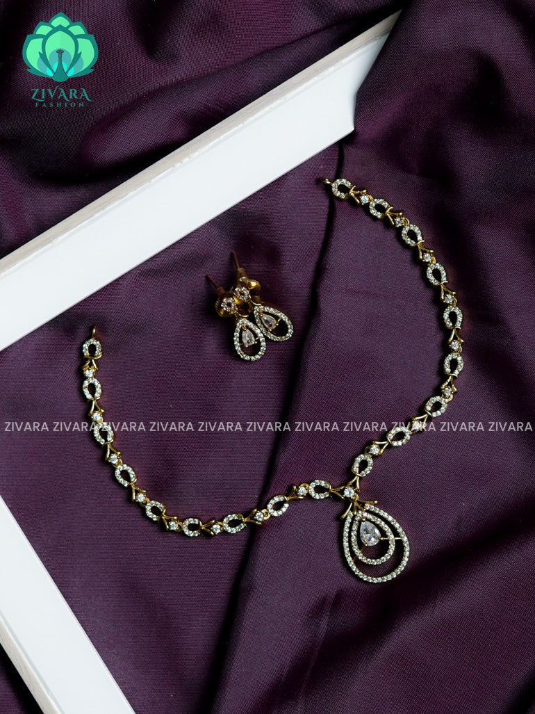 White stone with tear pendant - stylish and minimal elegant neckwear with earrings- Zivara Fashion