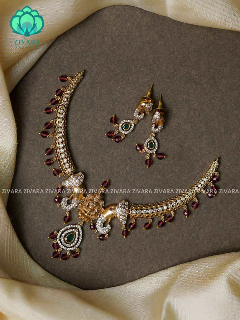 TINY RUBY BEADS - TEMPLE ELEPHANT HASLI -Traditional south indian premium neckwear with earrings- Zivara Fashion- latest jewellery design.