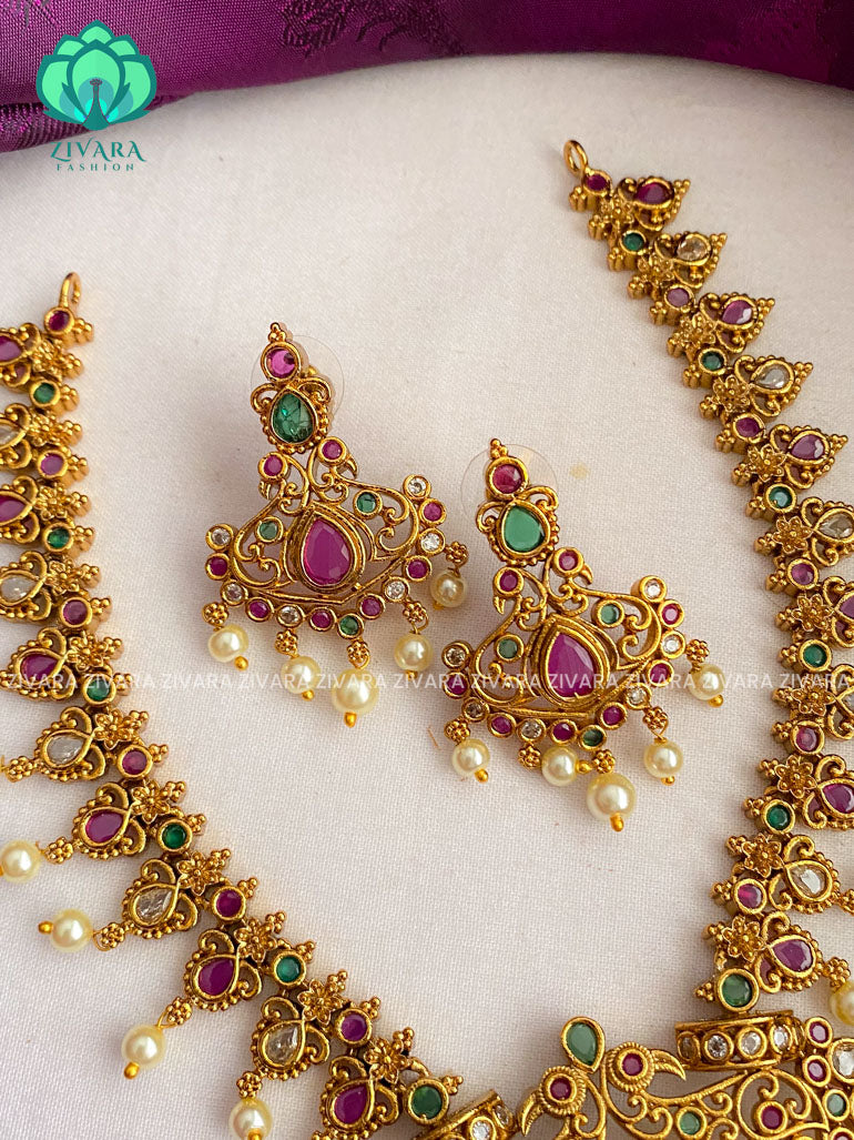 Grand motif free real kemp necklace with earrings CZ matte Finish- Zivara Fashion