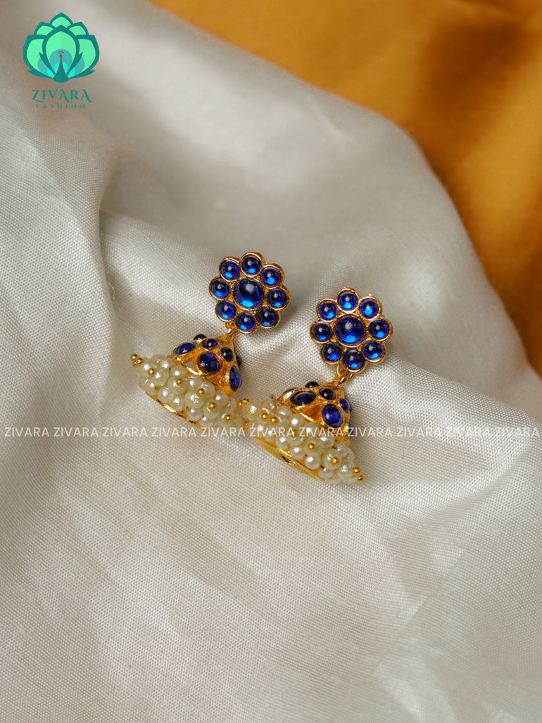 BLUE   -TRADITIONAL KEMP TWO LINE STONE JHUMKA - latest kemp dance jewellery collection
