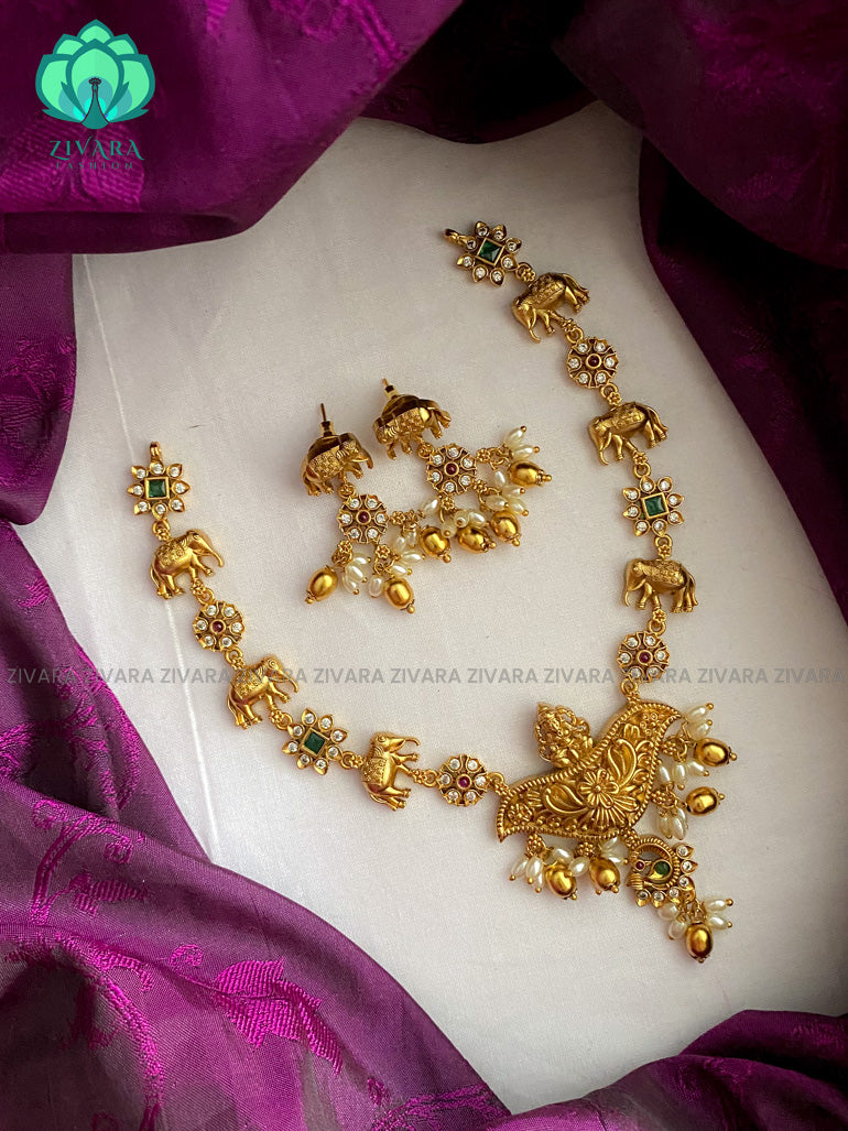 Temple and elephant necklace with earrings- latest bridal jewellery collection CZ Matte