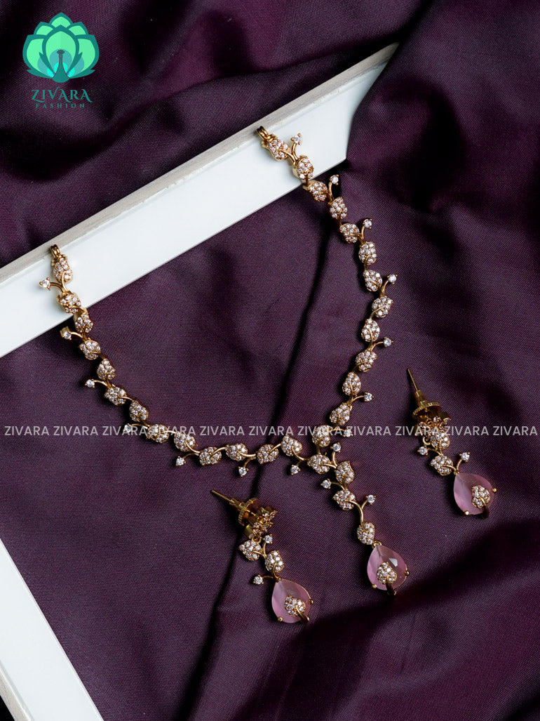 Elegant floral pastel pink stone pendant - stylish and minimal elegant neckwear with earrings- Zivara Fashion