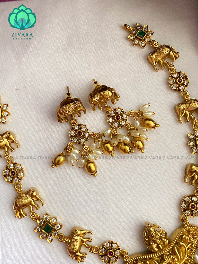 Temple and elephant necklace with earrings- latest bridal jewellery collection CZ Matte