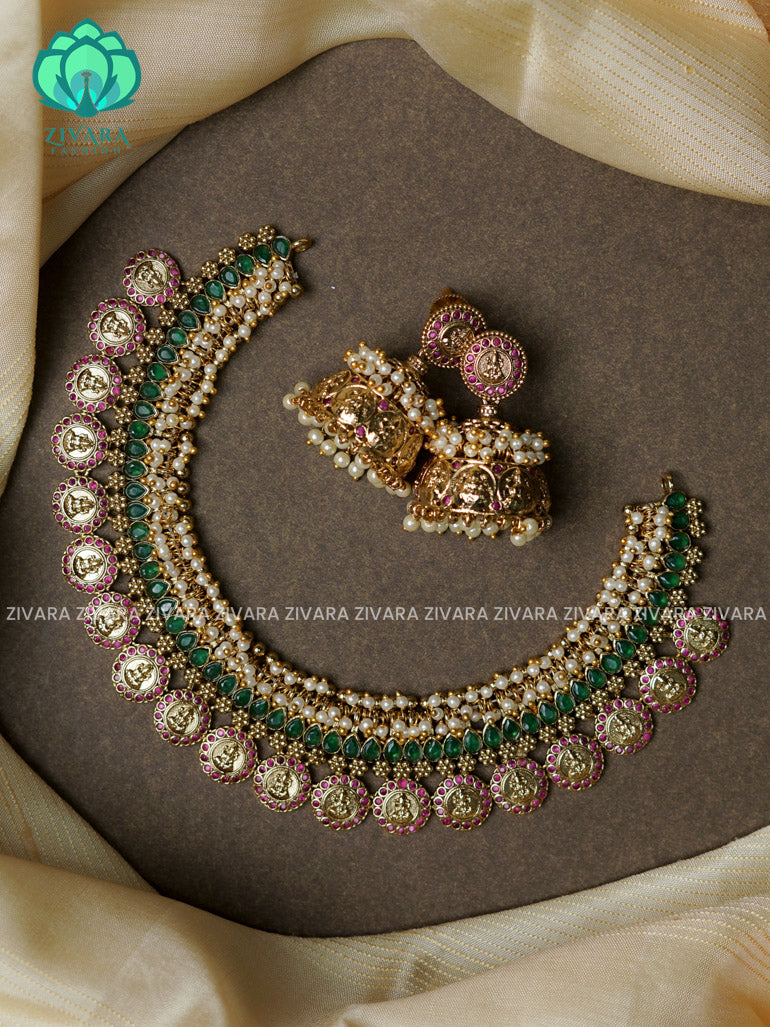 BRIDAL GREEN STONE PEARL CLUSTER COIN  -Traditional south indian premium neckwear with earrings- Zivara Fashion- latest jewellery design.