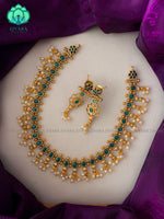 Hotselling guttapusalu motif free green stone neckwear with earrings - latest jewellery designs- Zivara Fashion