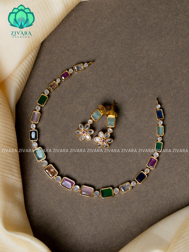 Motif free multicolour -Traditional south indian premium neckwear with earrings- Zivara Fashion- latest jewellery design.