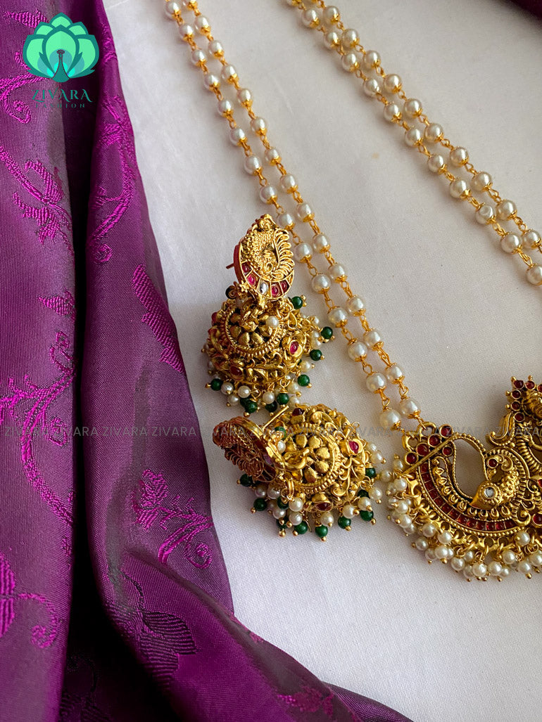 Pearl chain normal matte long haaram with earrings- Zivara Fashion