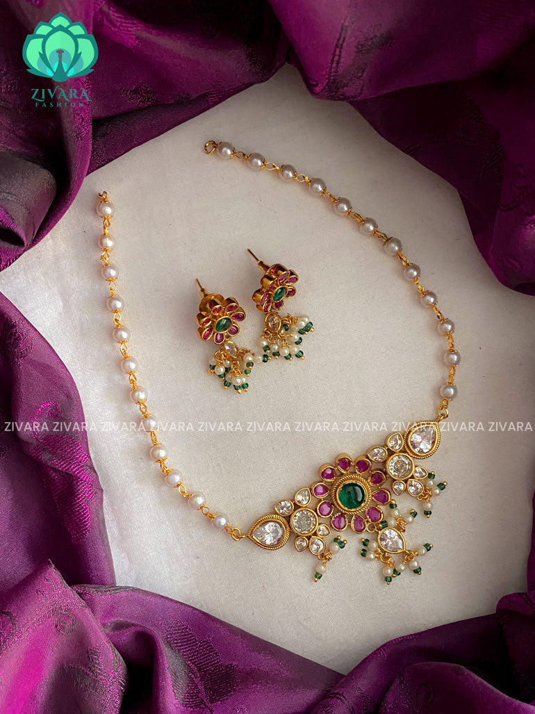 Brilliant finish FLORAL polki stone pearl choker with earrings - Premium quality CZ Matte collection-south indian jewellery