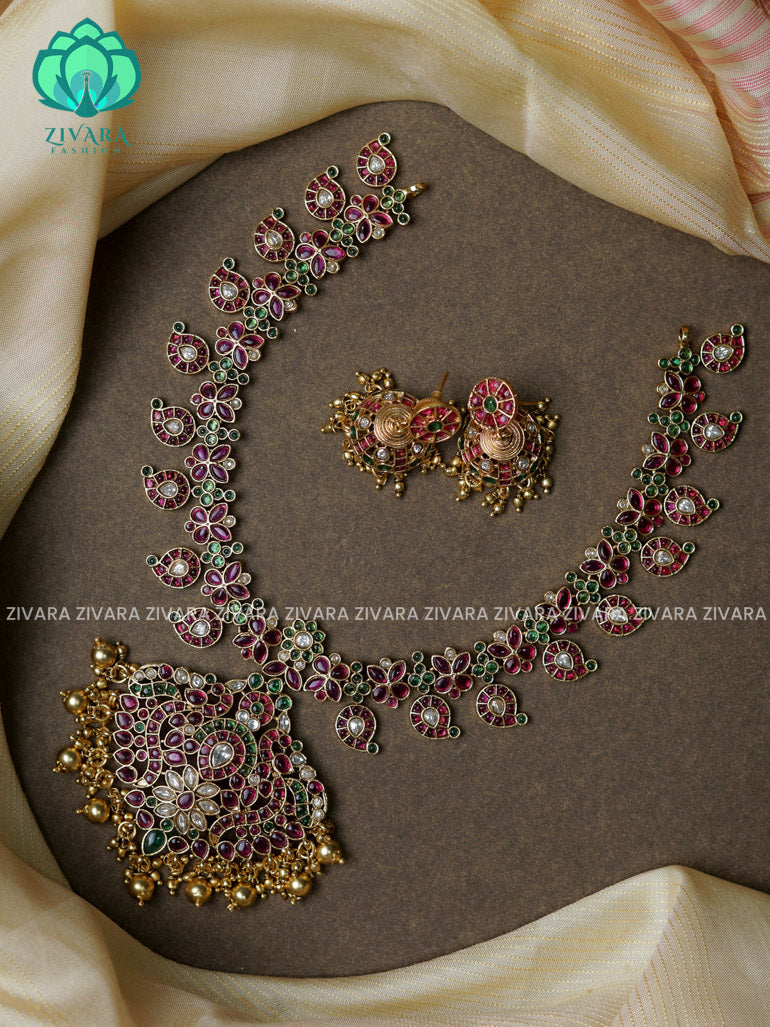 Bridal real kemp stone-Traditional south indian premium neckwear with earrings- Zivara Fashion- latest jewellery design.