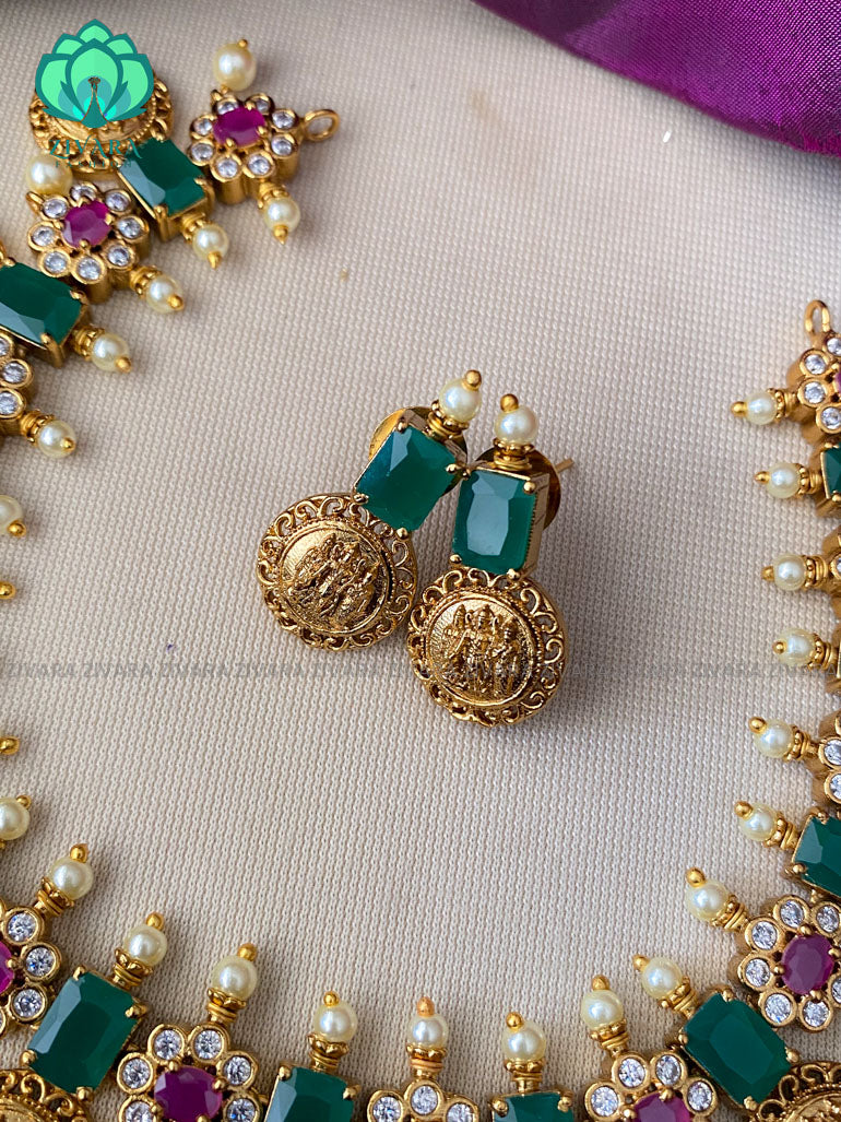 22K Gold 'Ram Parivar - Peacock' Necklace & Drop Earrings Set With Cz,Color  Stones & Pearls (Temple Jewellery) - 235-GS3615 in 63.100 Grams