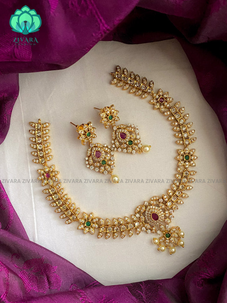 Motif free stone necklace with earrings- latest bridal jewellery collection CZ Matte