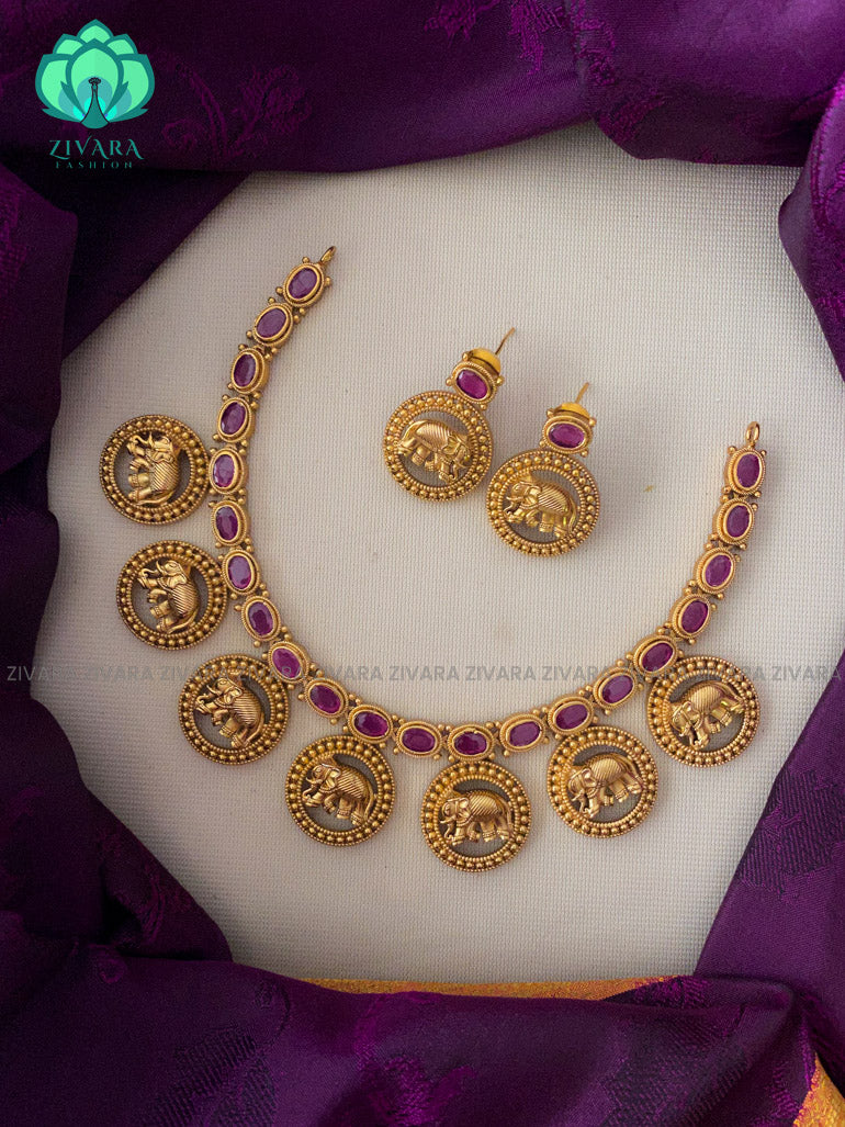 Premium finish stone elephant coin neckwear with earrings  - Premium quality CZ Matte collection-south indian jewellery