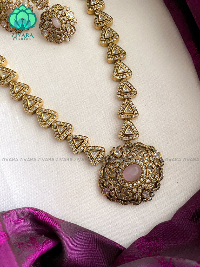 The Magnificient victorian midchest haaram with stones and earrings- Premium quality CZ Matte collection
